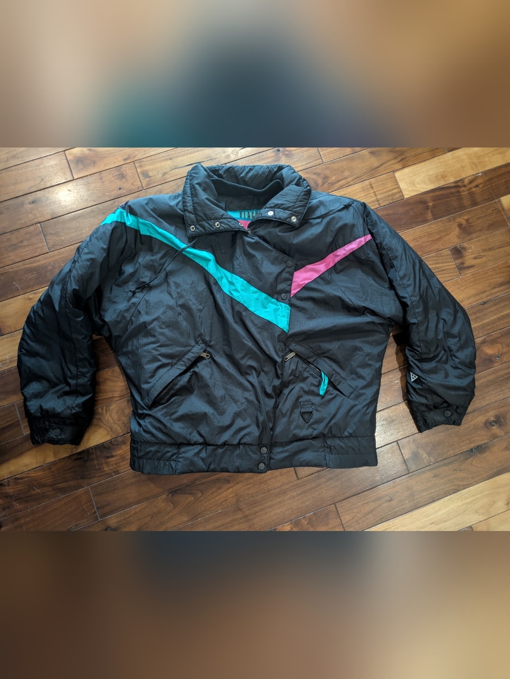 Black Retro Colorblock Ski Jacket with Teal and Magenta Accents Black Bear Ski